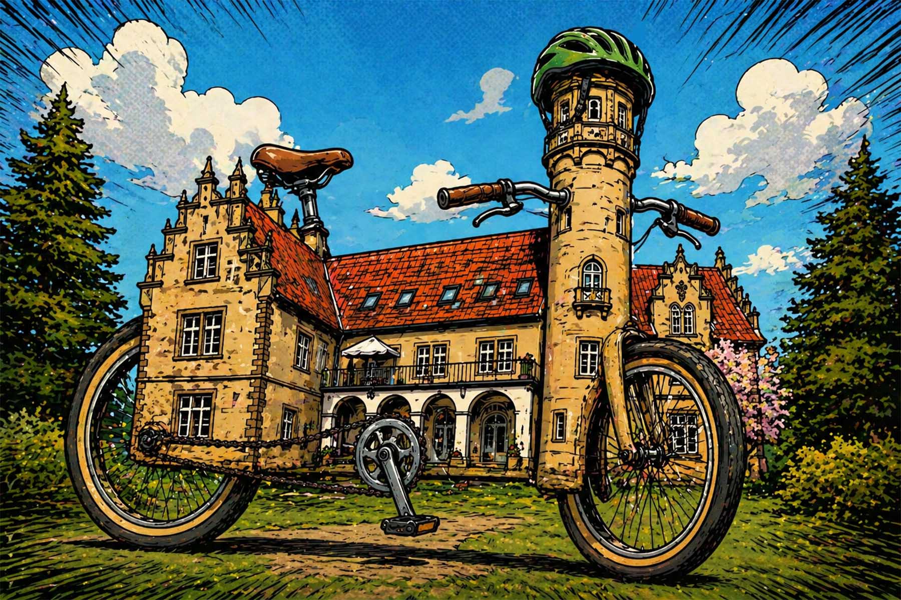 KI-generiertes Motiv zum Stadtradeln 2026 zeigt einen Mix aus einem Fahrrad und dem Schloss Ulenburg