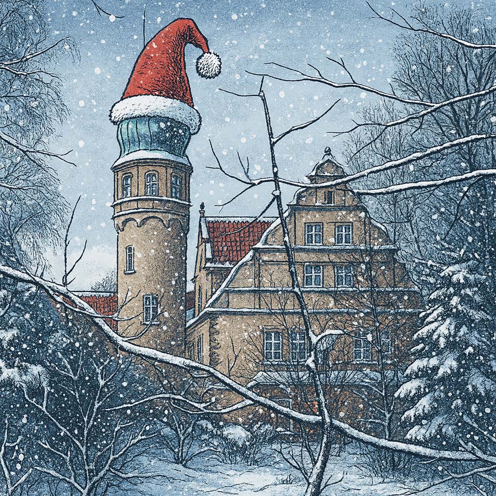 Schloss Ulenburg im Schnee mit Weihnachtsmütze auf dem Schlossturm - KI-generiert