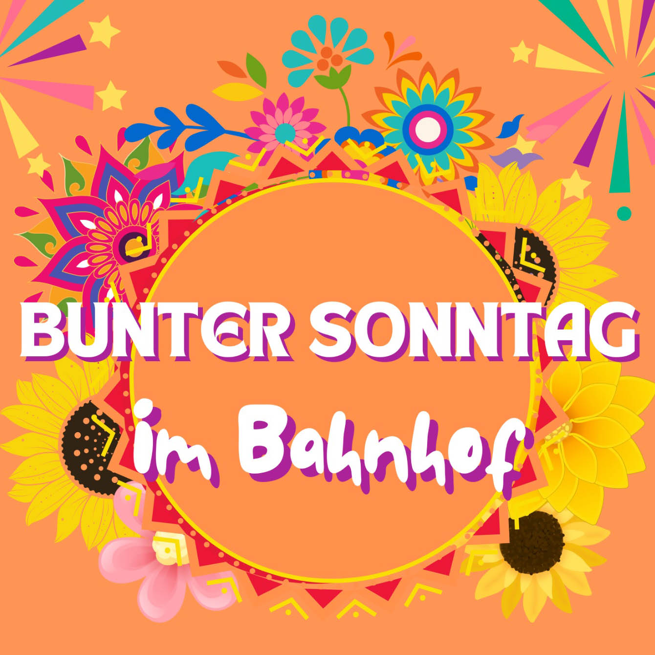 Bunter Sonntag im Bahnhof Schriftzug auf orangem Hintergrund